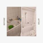 Vorher-nachher-Vergleich einer Badewanne mit abgestellten Gegenständen, danach leer und sauber