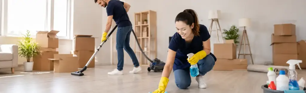 Two people vacuuming and wiping a wooden floor beside moving boxes and cleaning supplies