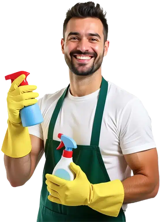 Lächelnder Mann mit grüner Schürze und gelben Handschuhen hält zwei Sprühflaschen