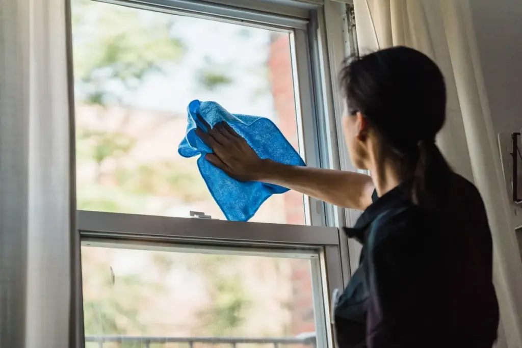 Person wiping open window frame and glass pane with blue microfibre cloth indoors