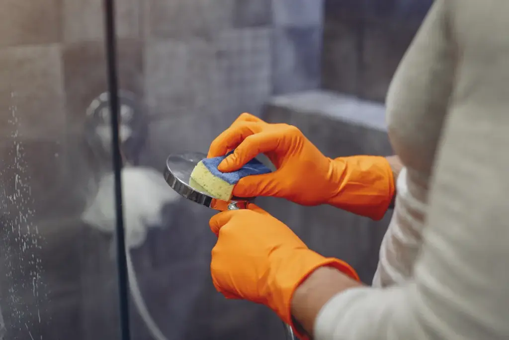 Hand mit oranger Handschuh reinigt Glasduschwand mit Bürste und Spray im gefliesten Bad.
