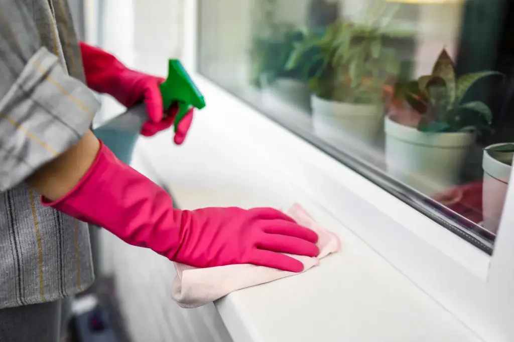 Hands in pink gloves wiping window sill with cloth, potted plants visible on windowsill